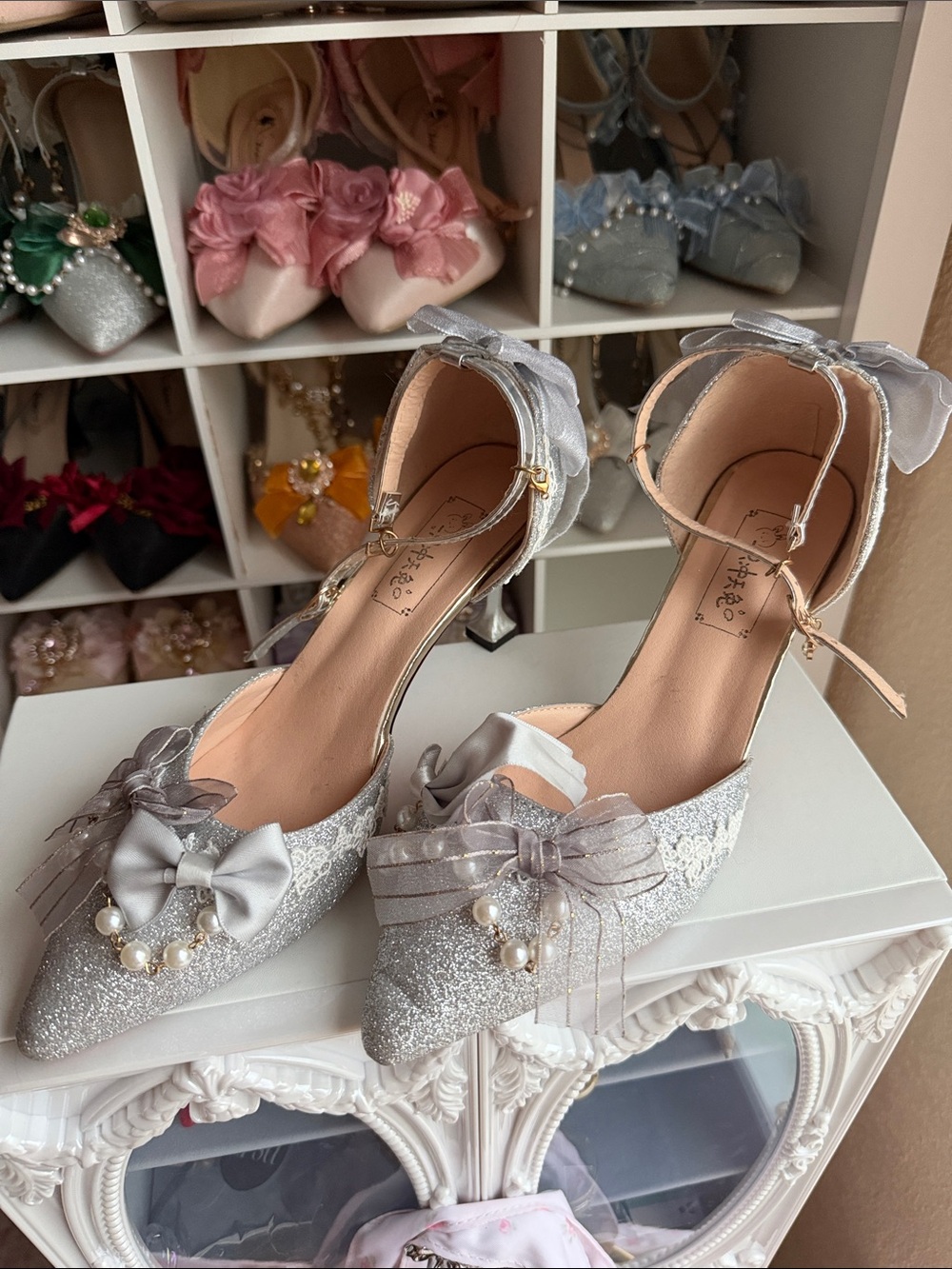 Elegant Silver Glitter Pointed-Toe Lolita Heels with Pearl & Bow Detail